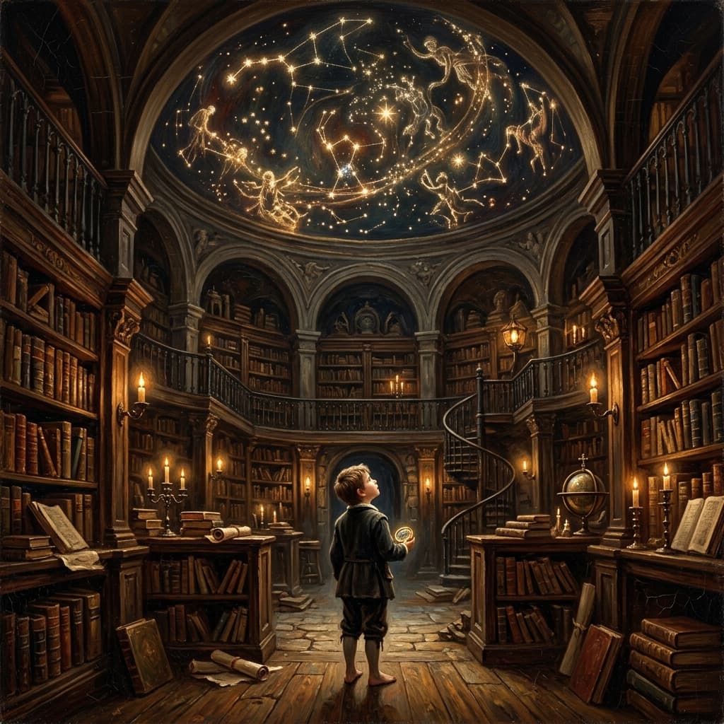 Classical fine art of a child in a starry library